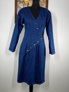Vintage Hollywood BLVD Midi Denim Dress Women's "XS" Snap Closure Blue VTG